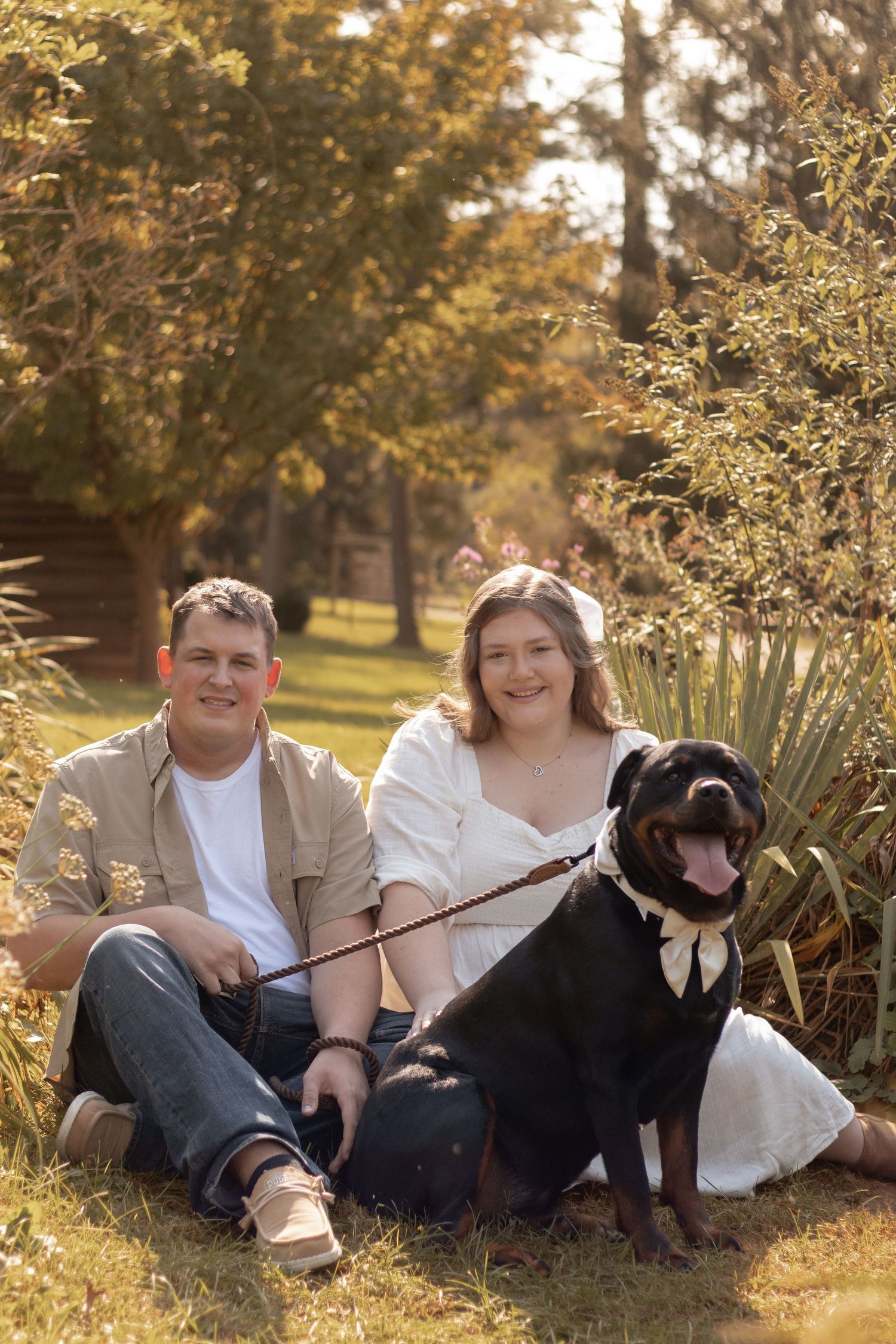 Couple sitting on grass in a sunny park with their Rottweiler dog wearing a white collar bow tie.