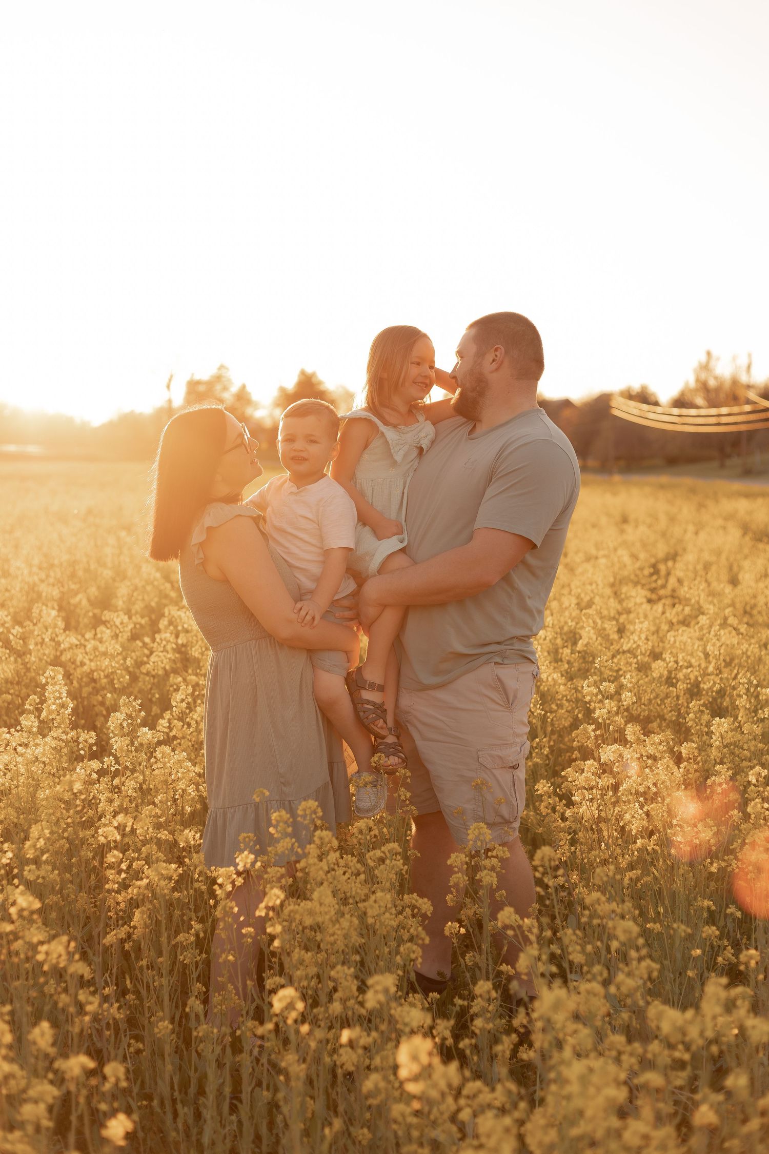 Family of four enjoying golden hour sunset in a blooming yellow flower field, parents holding children while smiling.