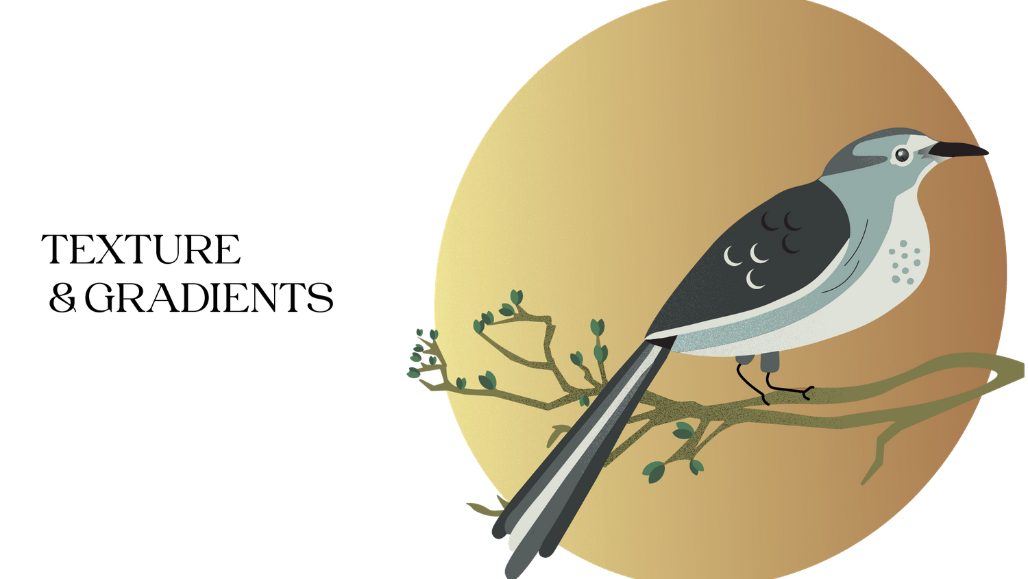 Minimalist illustration of a bird perched on a branch against a tan circular background.