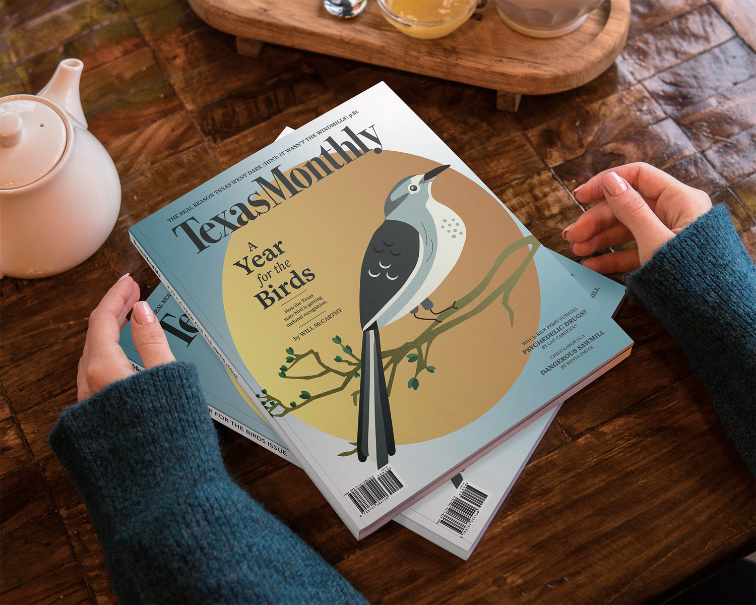 Person reading Texas Monthly magazine with minimalist bird illustration on wooden table.