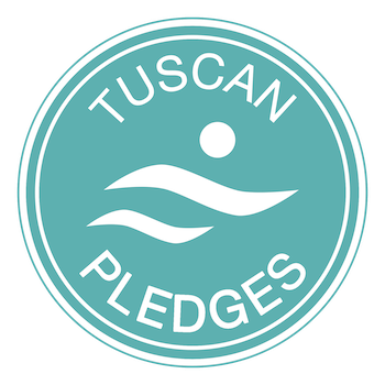 Circular turquoise logo design for Tuscan Pledges featuring minimalist wave and sun motifs.