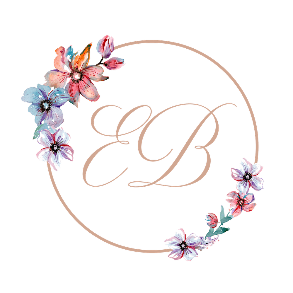 Delicate watercolor floral border with pink and purple flowers and elegant calligraphy letters B and D.