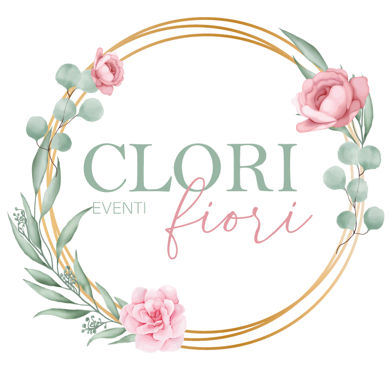 Elegant floral logo design with pink roses and eucalyptus leaves on gold circular frames with text 'CLORI' and 'fiori'.