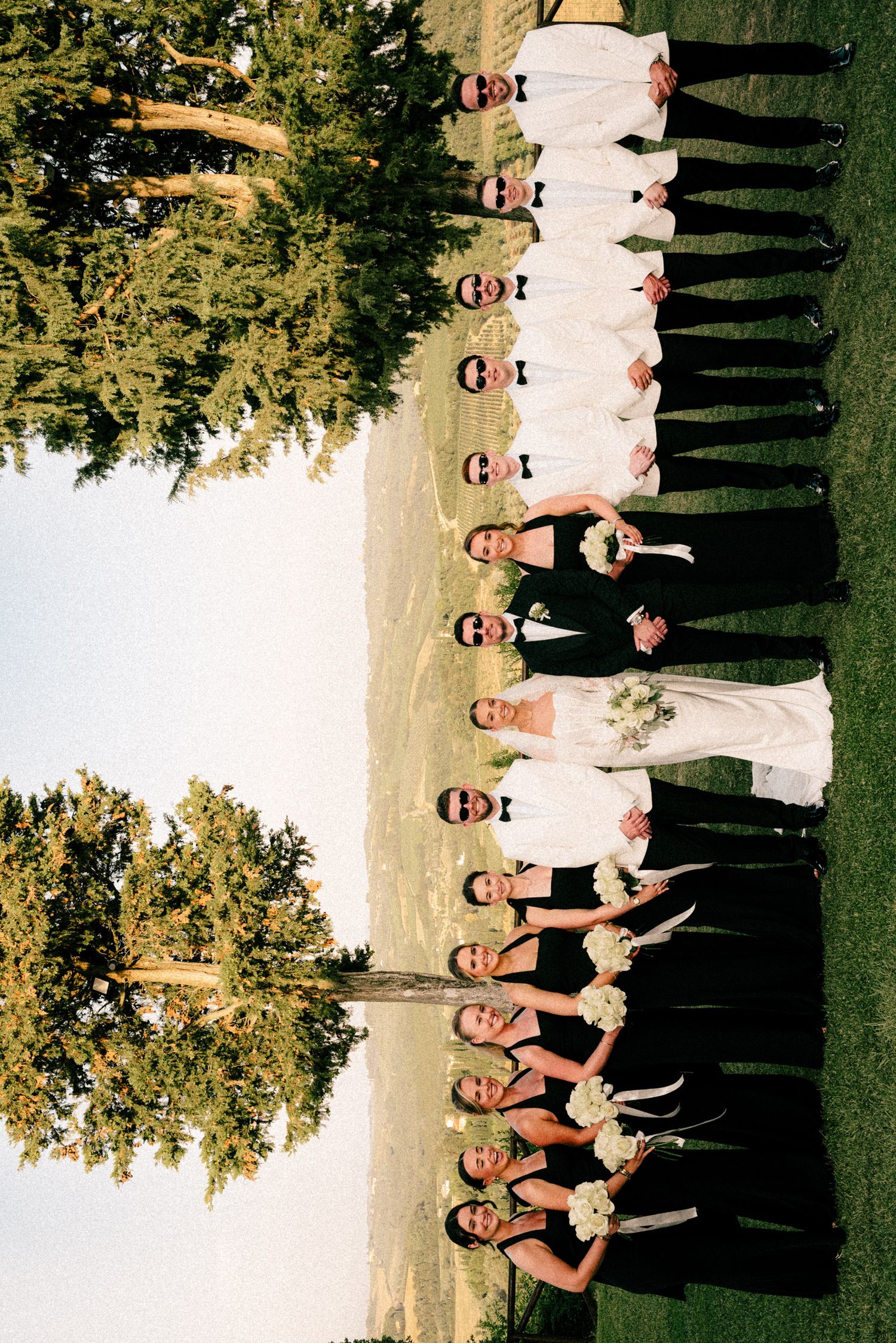 Wedding party posed in a long line outdoors, bridesmaids in white dresses holding bouquets beside groomsmen in black suits.