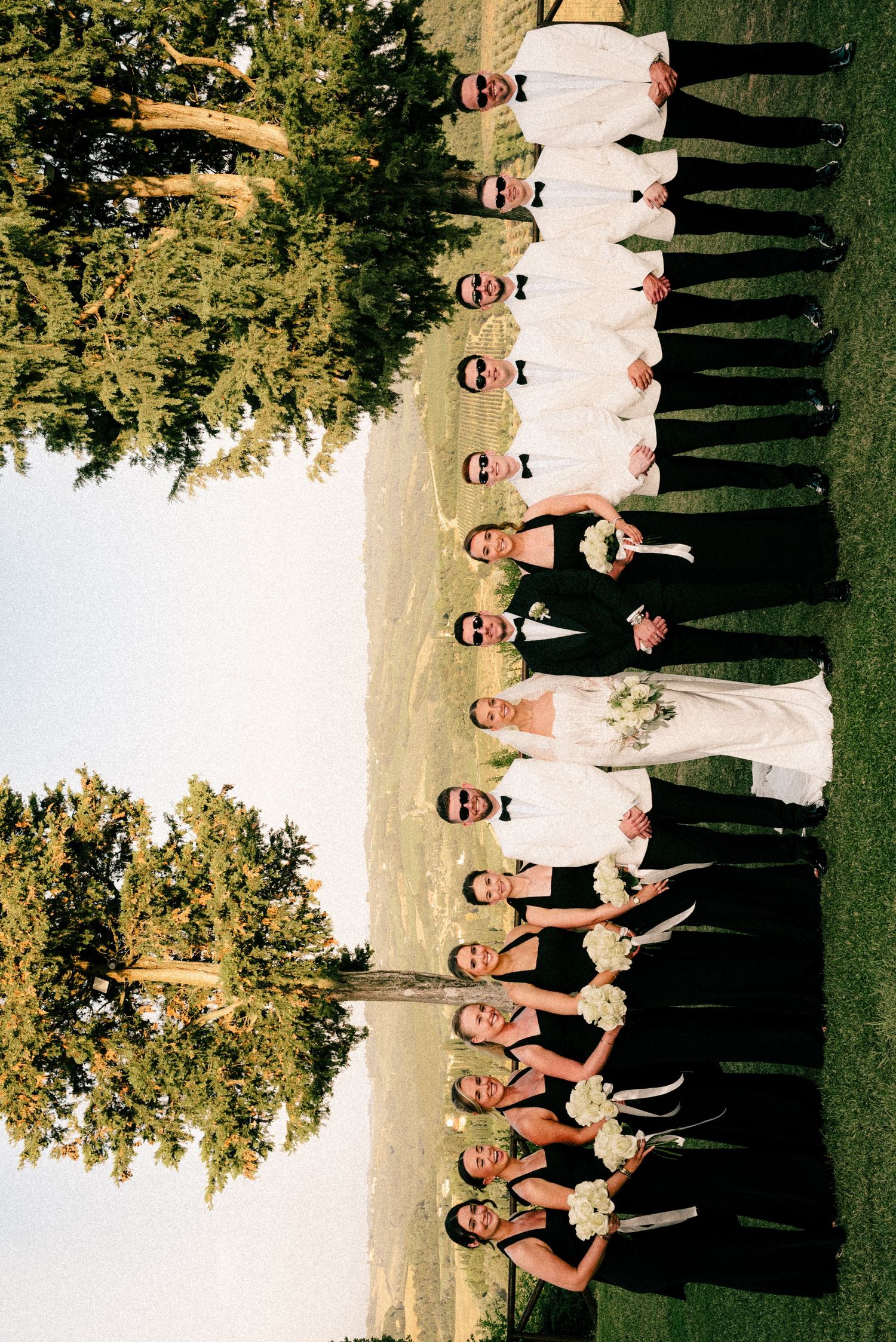 Large wedding party poses outdoors in a line, bridesmaids in white dresses and groomsmen in dark suits.
