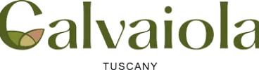 A green and brown Calviola Tuscany logo design featuring an olive leaf motif.