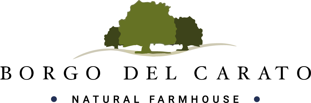 A rustic farmhouse logo for Borgo del Carato featuring green trees and text against a white background.