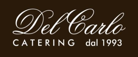 Elegant black and white catering company logo with cursive text reading 'Del Carlo' and 'dal 1993'.