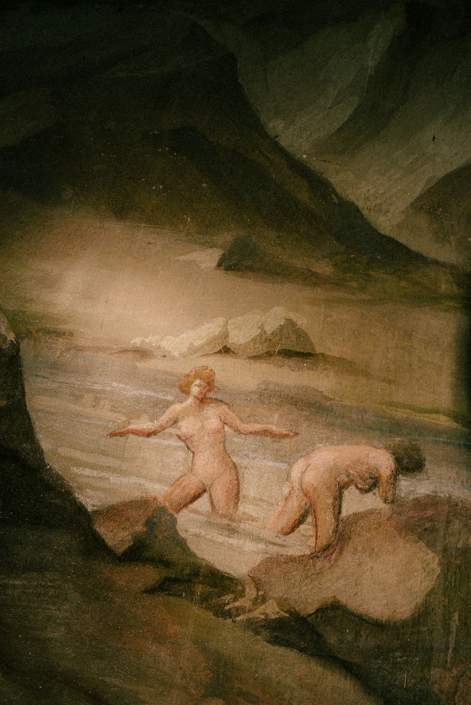 Classical oil painting of two nude figures in a dramatic rocky landscape with warm earthy tones.