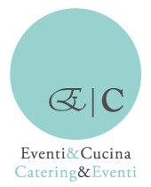 A row of light blue circular logos with text for an events and catering business against a white background.