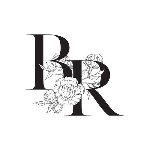 Black letter R logo variations with decorative floral elements and roses in line art style.