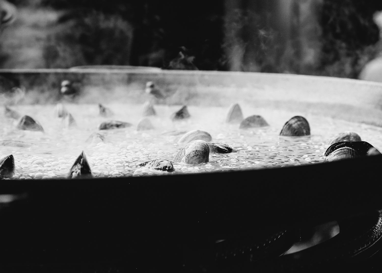 Black and white close-up of bubbles or droplets on a dark surface.