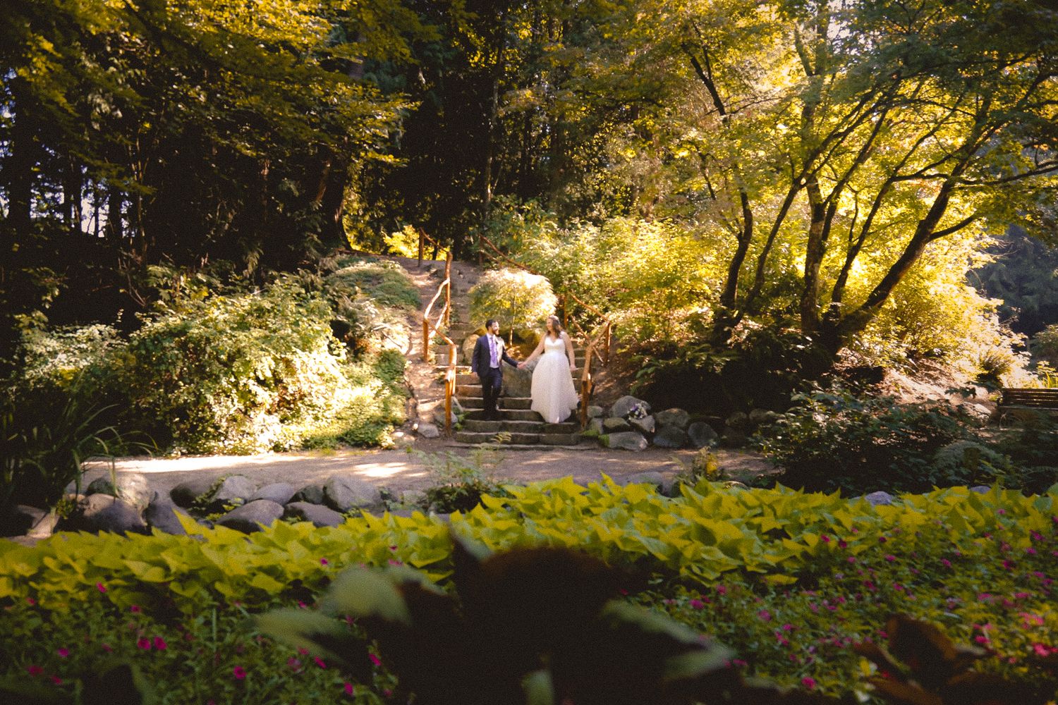 Golden sunlight illuminates a garden wedding ceremony through autumn trees.
