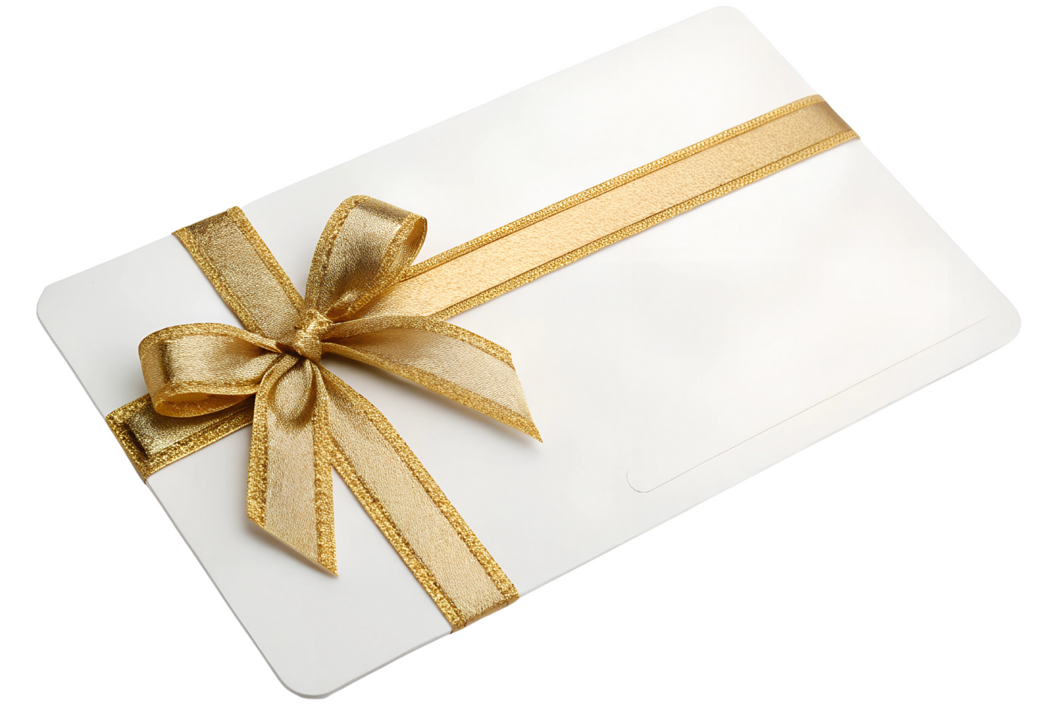 A white envelope decorated with an elegant gold gift bow and ribbon on a white background.