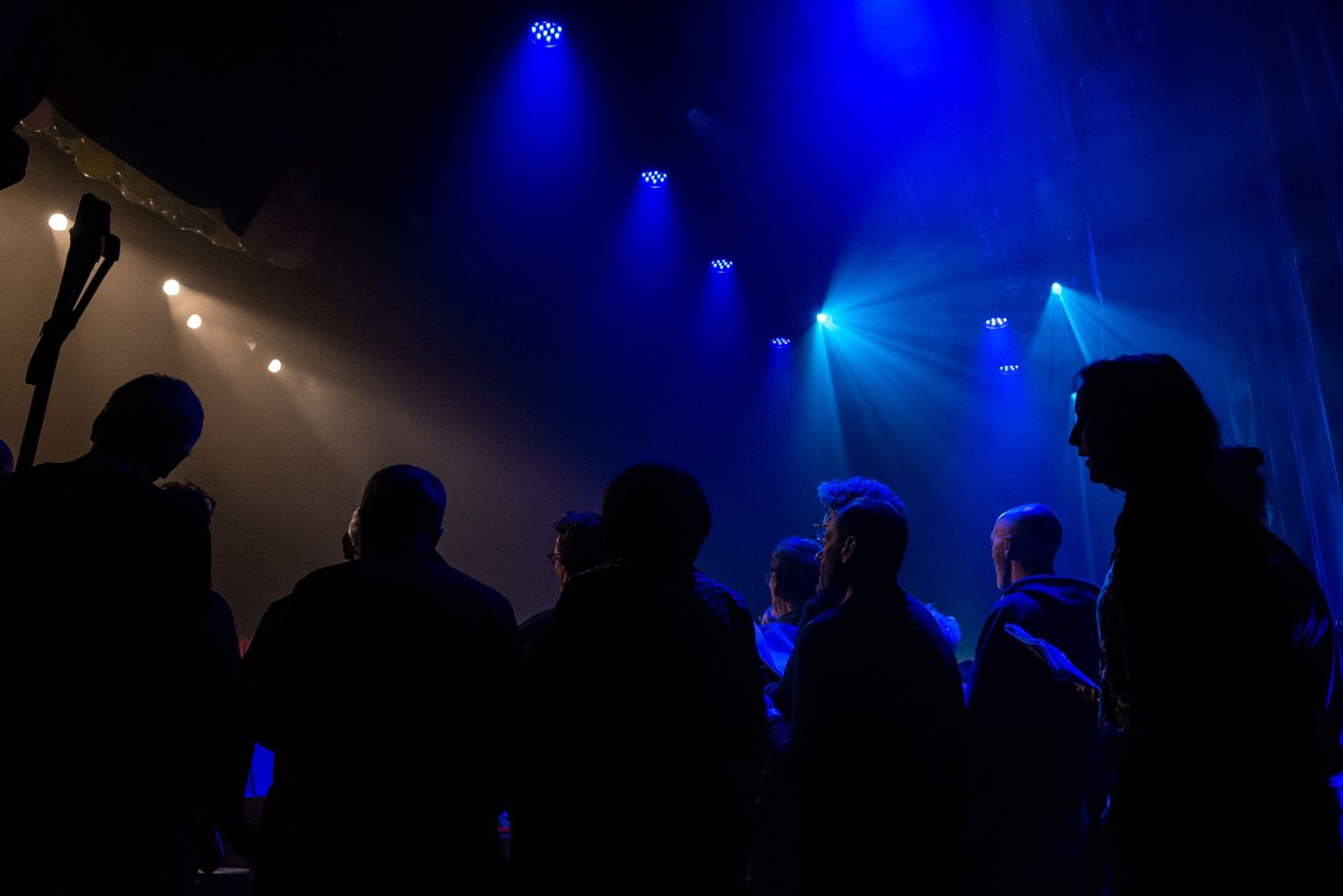 Public en silhouette lors d’un concert, ambiance immersive et lumière bleue sur scène