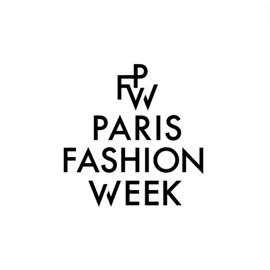 Black and white logo design for Paris Fashion Week with stylized PFW lettering and text arranged in a geometric layout.