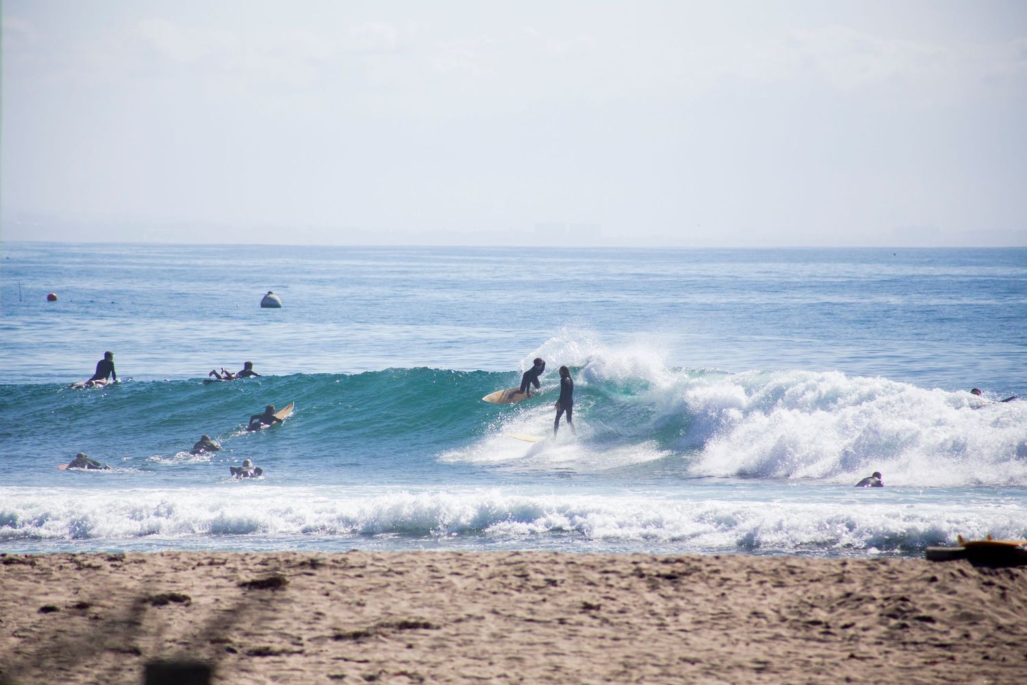Surfers ride waves at a scenic beach with white foam crashing against the shore on a sunny day in California.