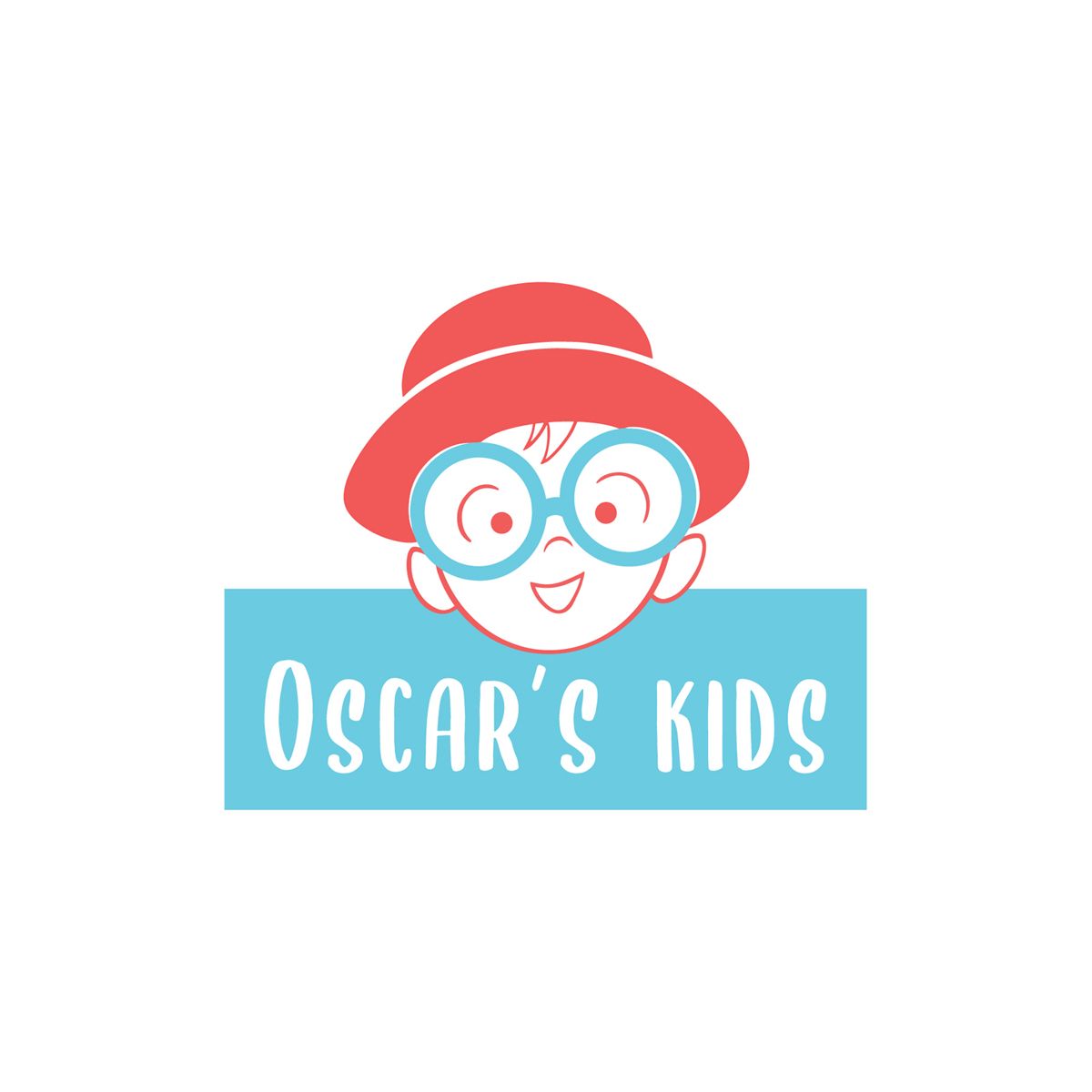 Blue and white cartoon logo designs featuring playful characters with glasses.