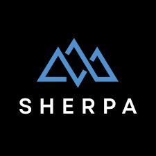 Blue mountain peak logo design for Sherpa brand on black background.