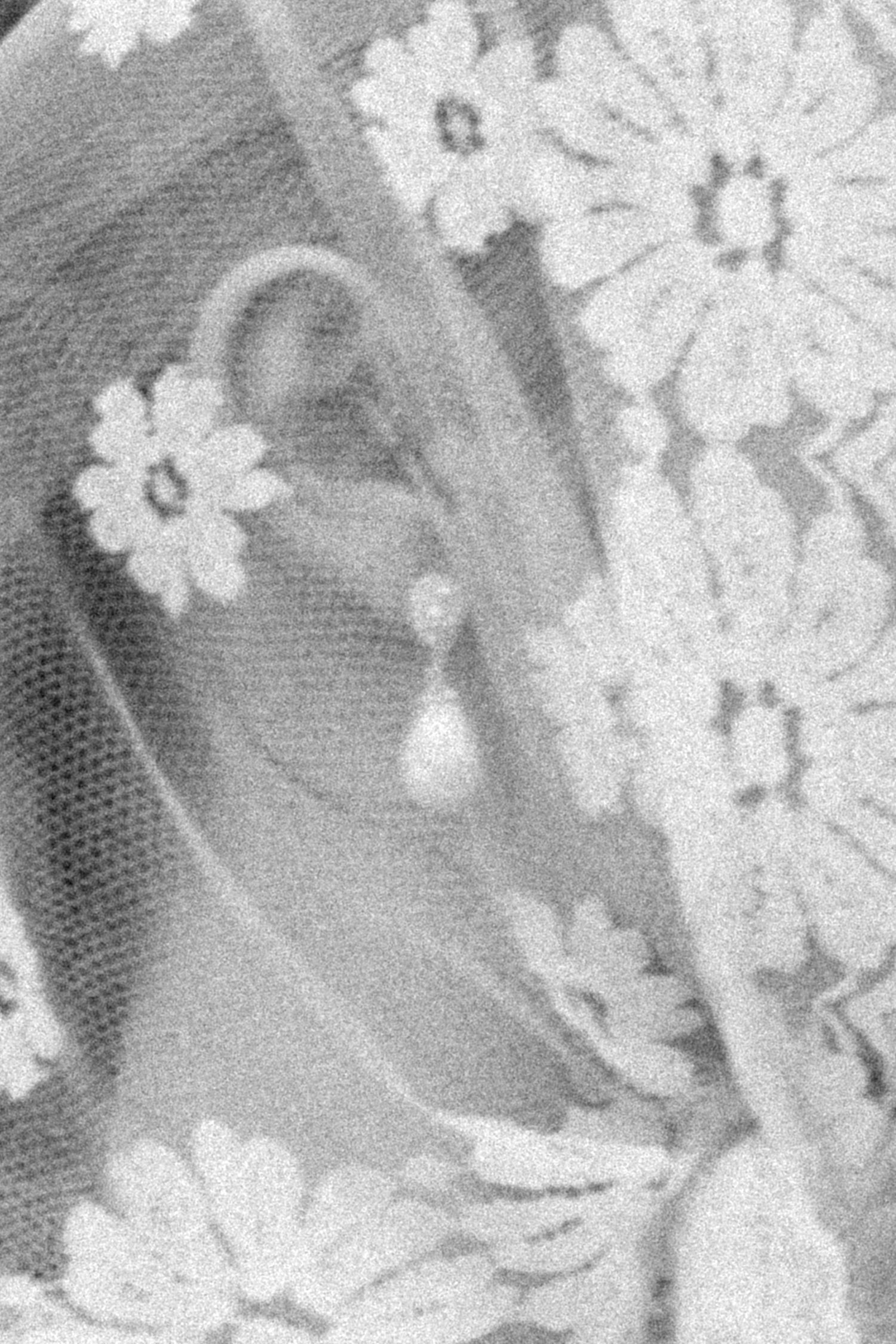 Elegant pearl drop earring with floral daisy design displayed on white lace fabric with tulle overlay.