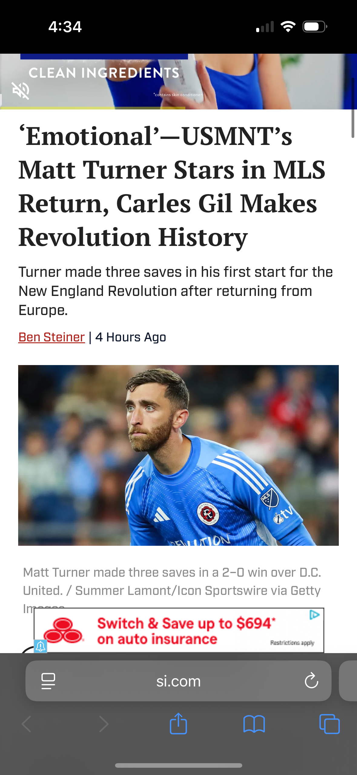 Soccer player Matt Turner makes a save during New England Revolution match.
