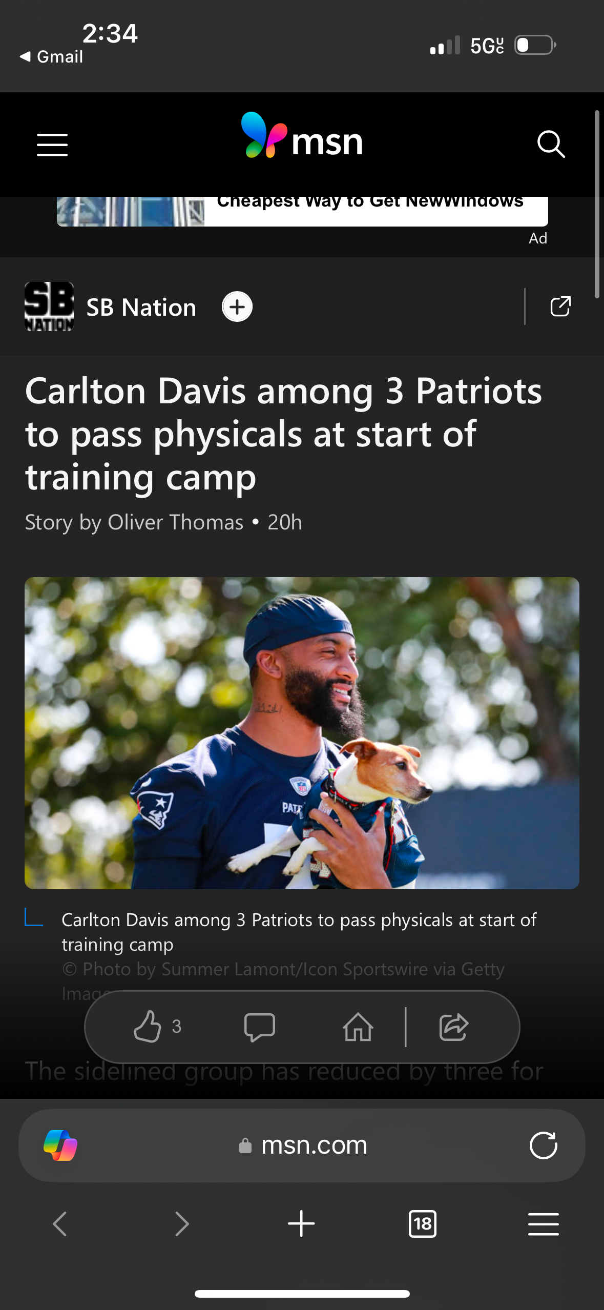 Patriots training camp coverage showing players practicing on the field.