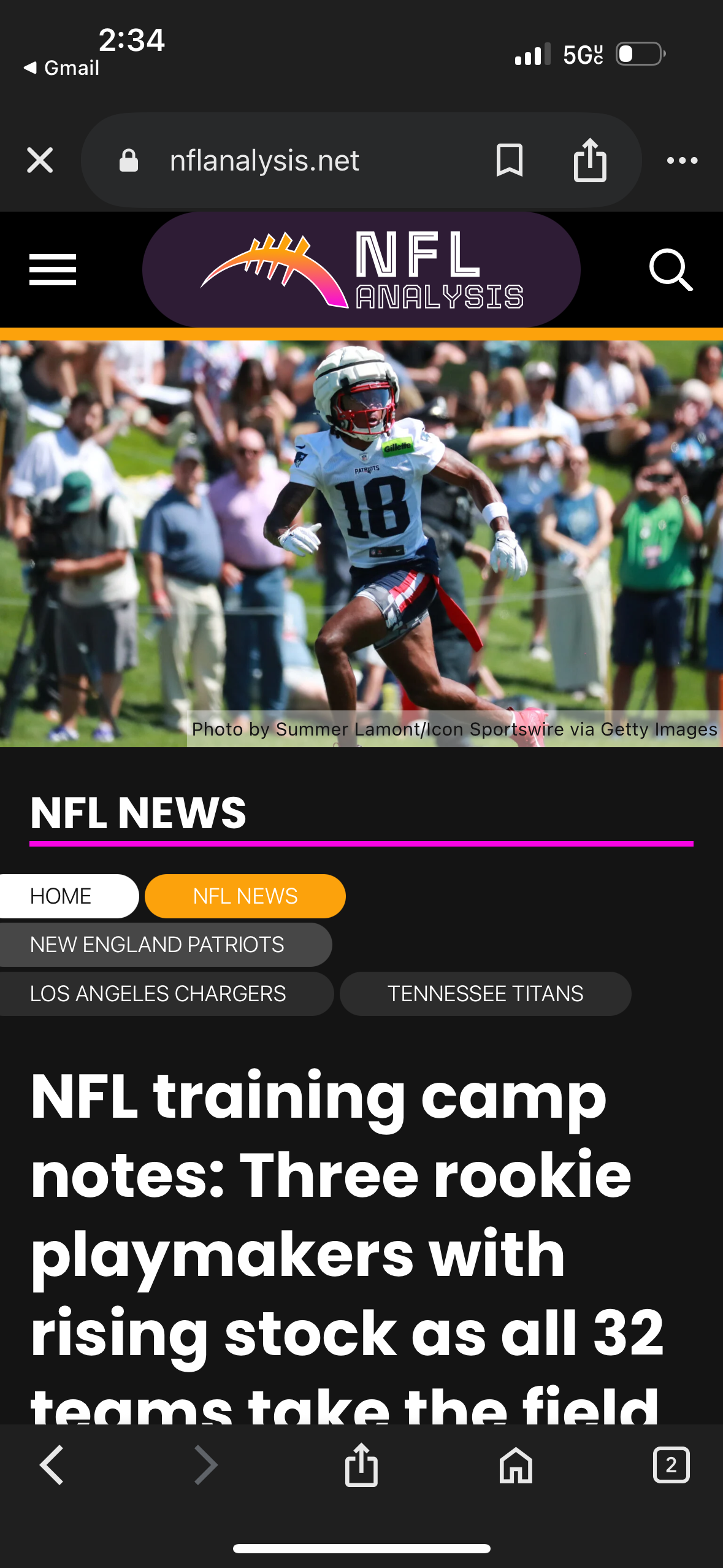 NFL training camp news website interface showing multiple article headlines and sports images.