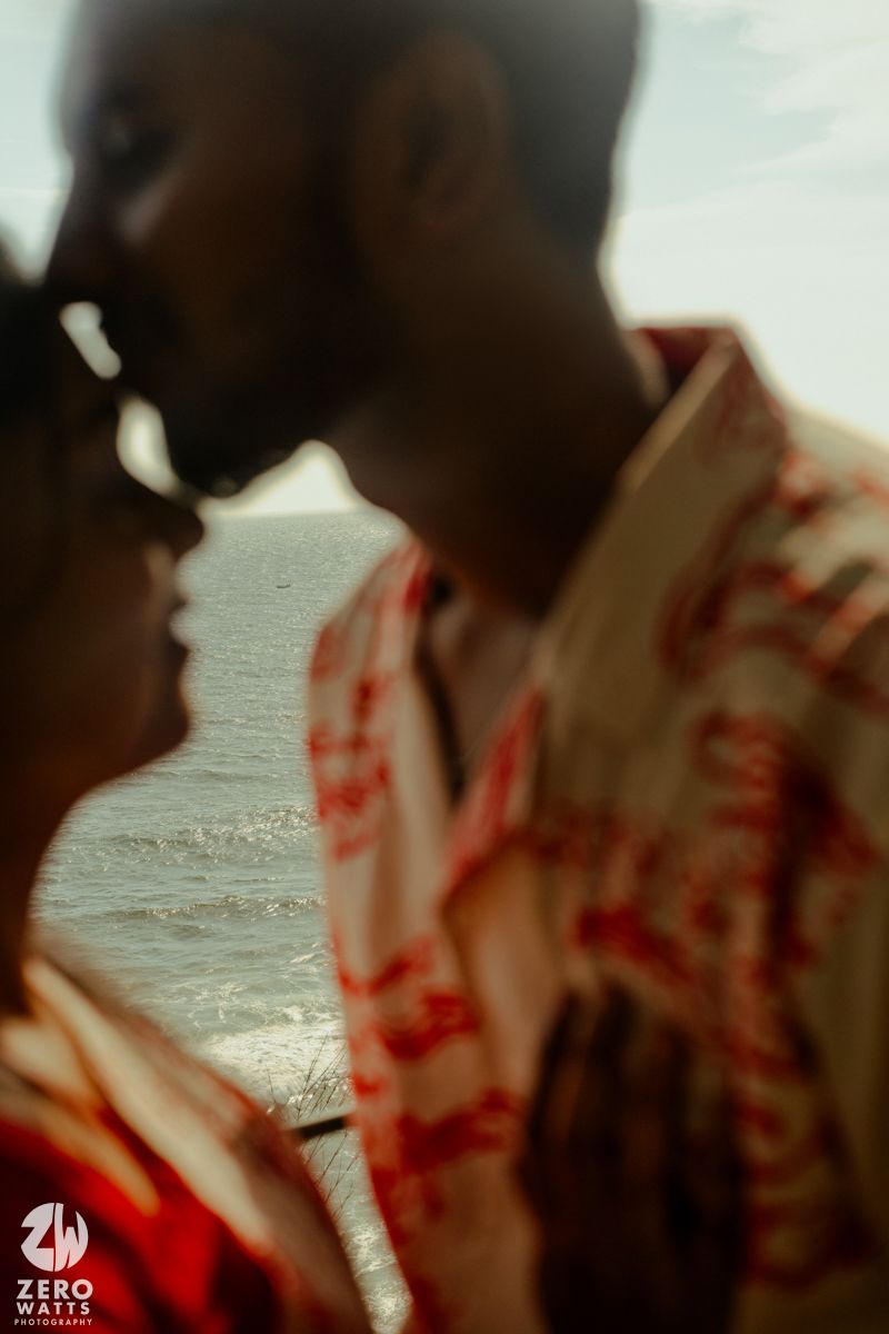Close-up artistic shots showing silhouettes against a bright background with red floral patterns in focus.