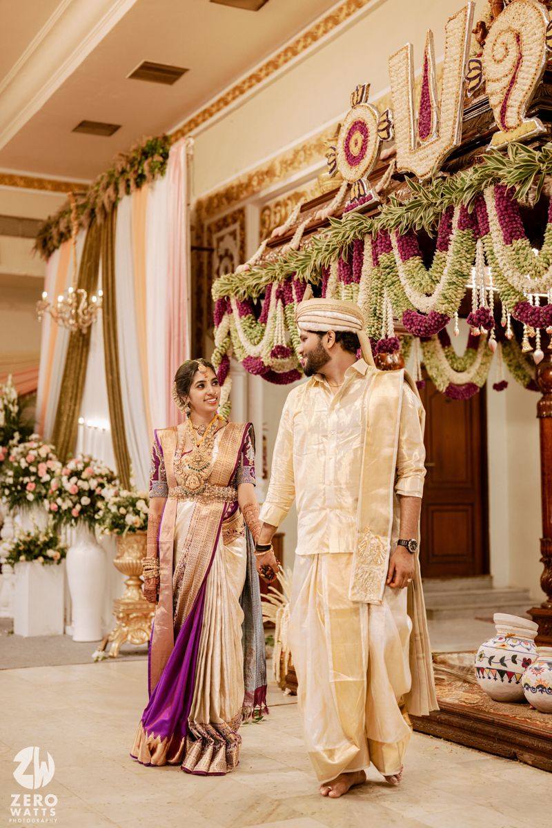 Wedding ceremony setup with elegant floral mandap decorations and traditional Indian wedding decor.