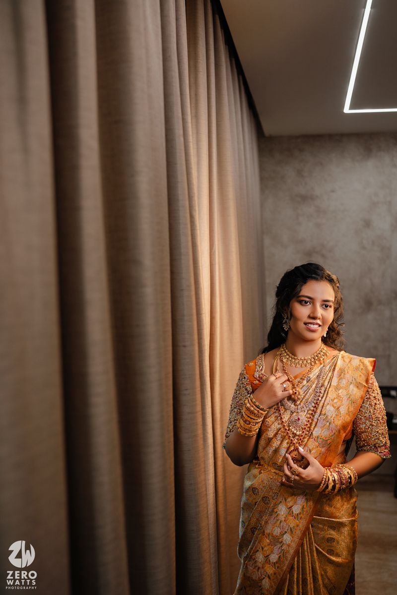 Sequential portraits showing a person in a golden orange traditional saree against brown curtains.