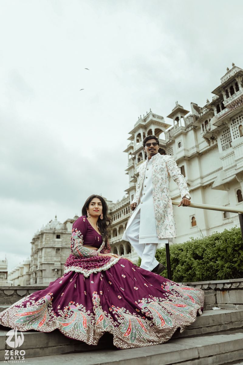 A series of fashion photos showing a woman in an elegant purple lehenga with intricate embroidery against a white palace backdrop.