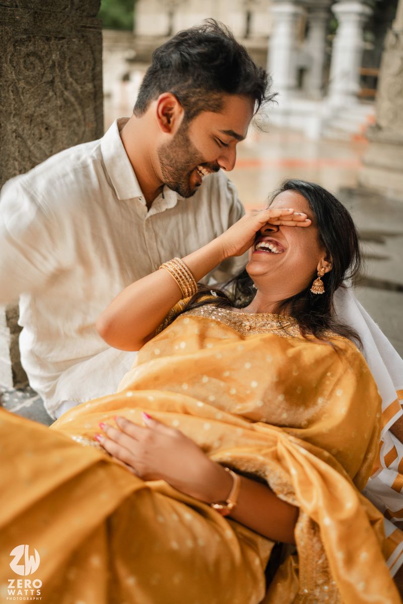 A romantic couple in traditional attire share intimate moments in a series of elegant outdoor portraits.