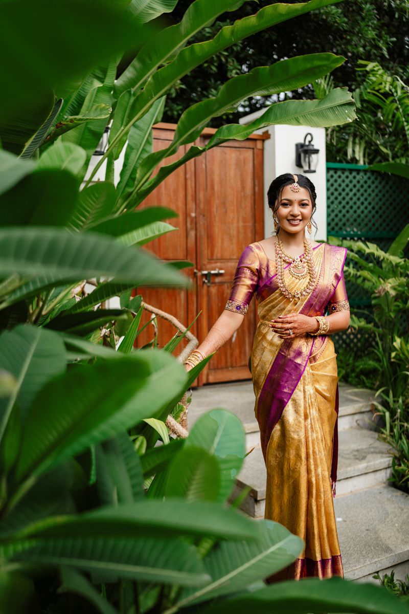 Traditional South Indian bridal attire featuring gold silk saree and ornate jewelry in lush garden setting.