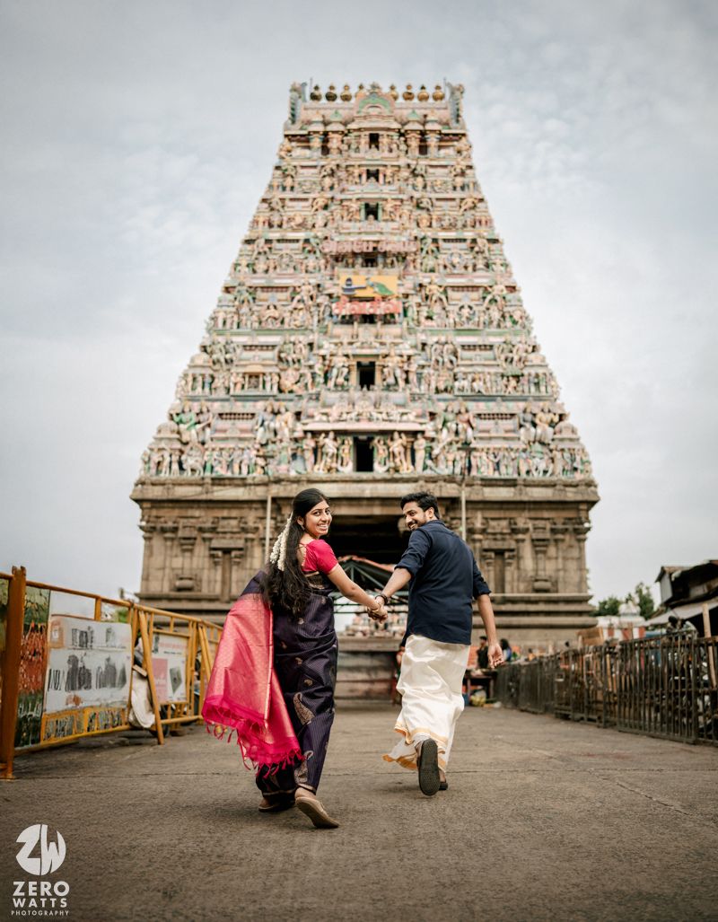 Traditional South Indian temple architecture with ornate gopuram towers photographed in sequence from different angles.