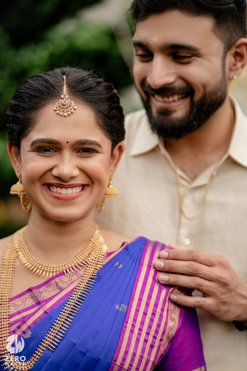 A series of candid moments showing traditional South Indian wedding attire with gold jewelry and bright silk sarees.