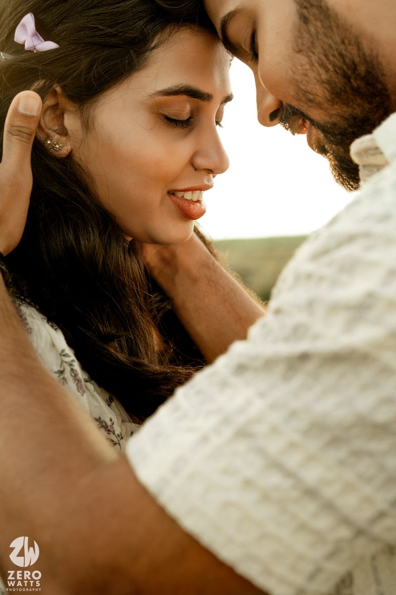 A romantic couple shares tender moments in a series of warm-toned close-up photographs.