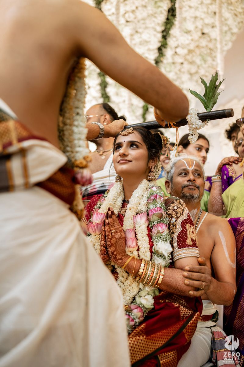 Traditional Hindu wedding ceremony moments captured under decorated mandap with floral garlands.