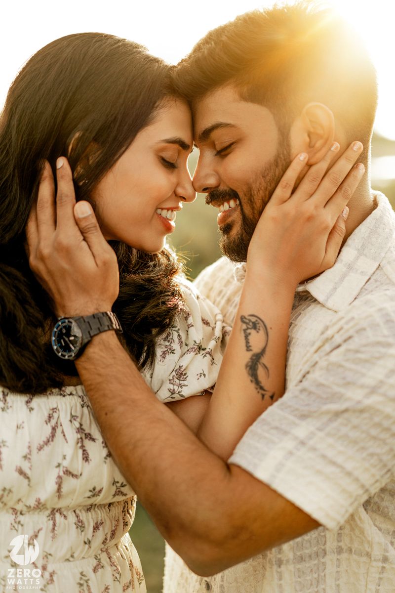 A romantic couple shares intimate moments in a series of close-up shots during golden hour.