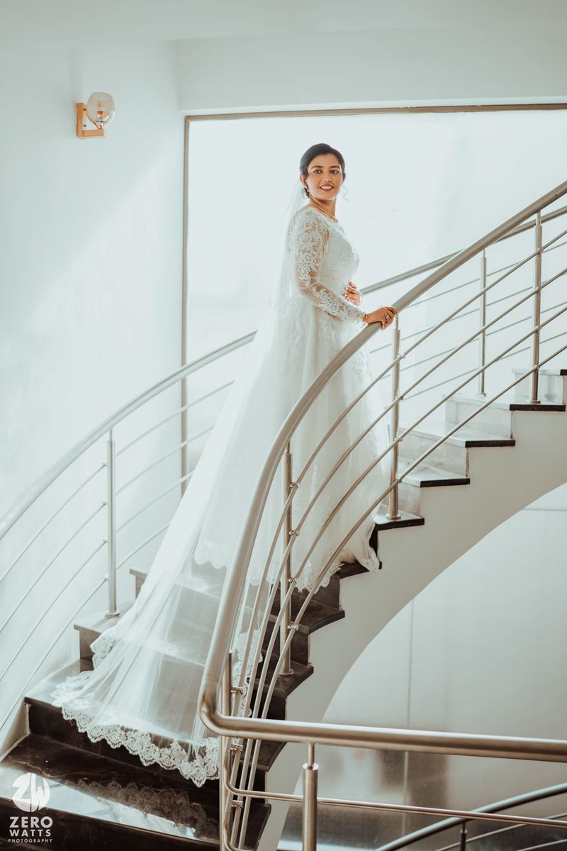 Elegant bridal photoshoot sequence showing flowing white dress against minimalist staircase backdrop.