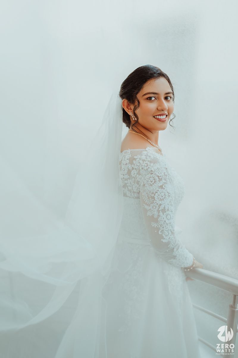 An elegant bridal portrait sequence showing a white lace wedding dress with flowing veil against a light background.