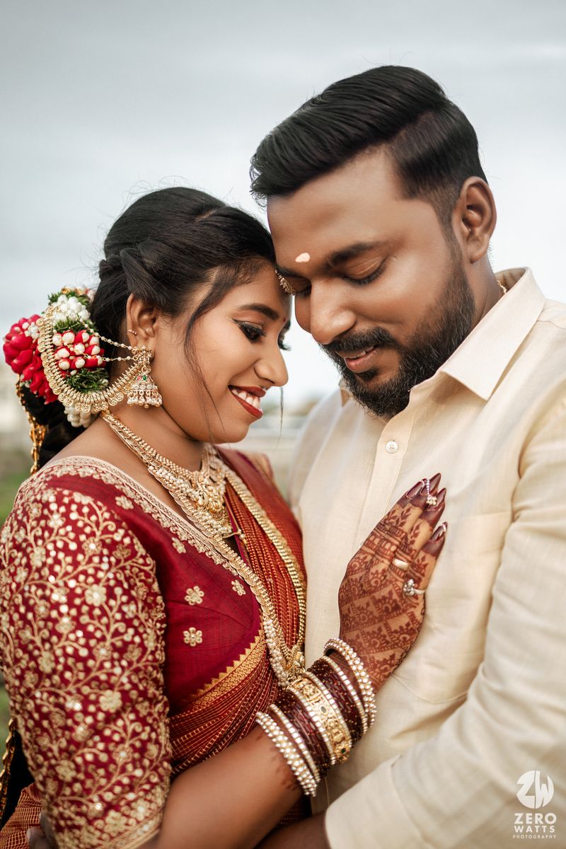 A romantic series of photos showing a couple in traditional South Indian wedding attire sharing intimate moments together.