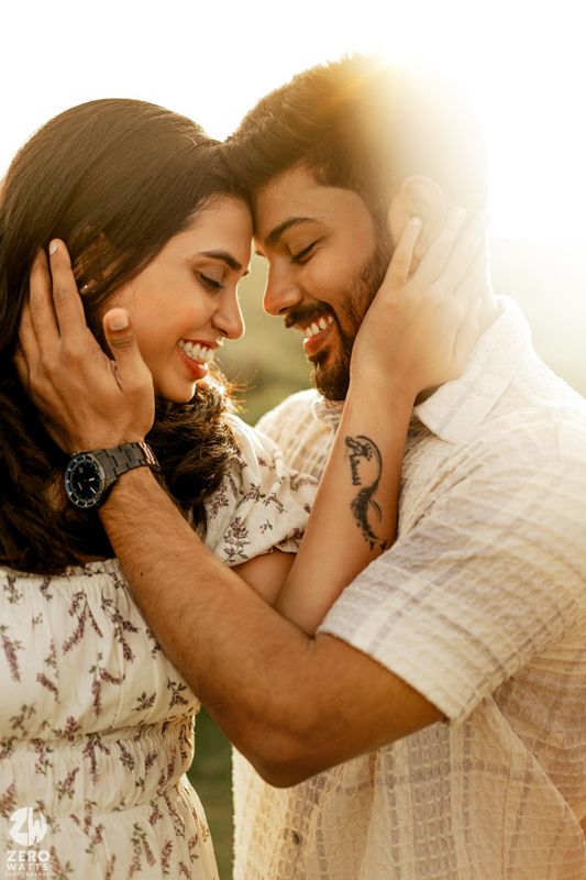 A romantic couple shares tender moments in a series of intimate outdoor photos at golden hour.
