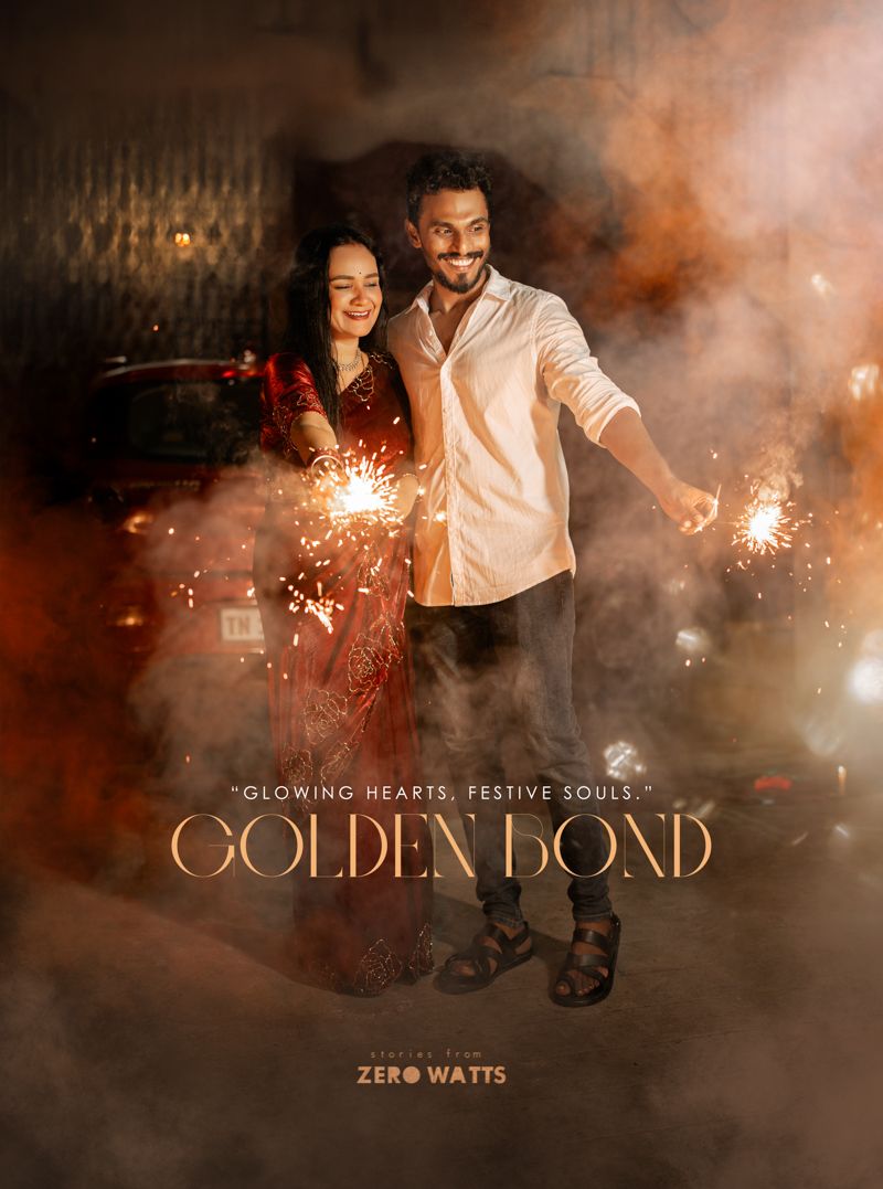 Romantic sparkler photoshoot with text overlay reading 'Golden Bond' in an atmospheric smoky setting.