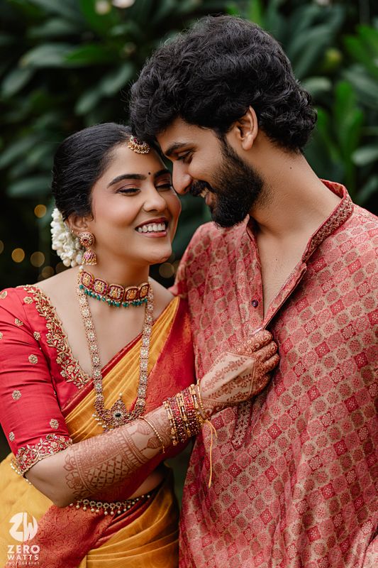 A romantic photoshoot sequence showing a couple in traditional South Indian attire with red and gold clothing.