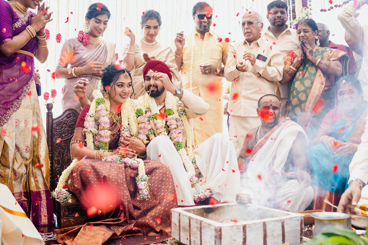 Traditional Indian wedding guests celebrating with bright colors and powder during outdoor festivities.