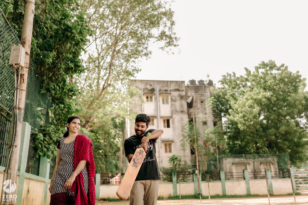 A series of five connected photos showing a couple walking and posing together in an outdoor park setting.