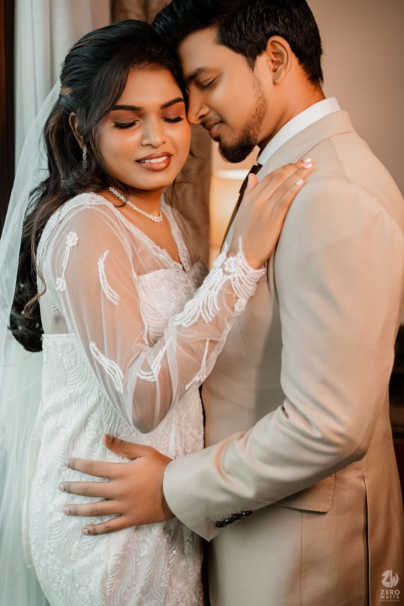 Artistic wedding photography sequence capturing romantic moments between a bride in white and groom in beige.