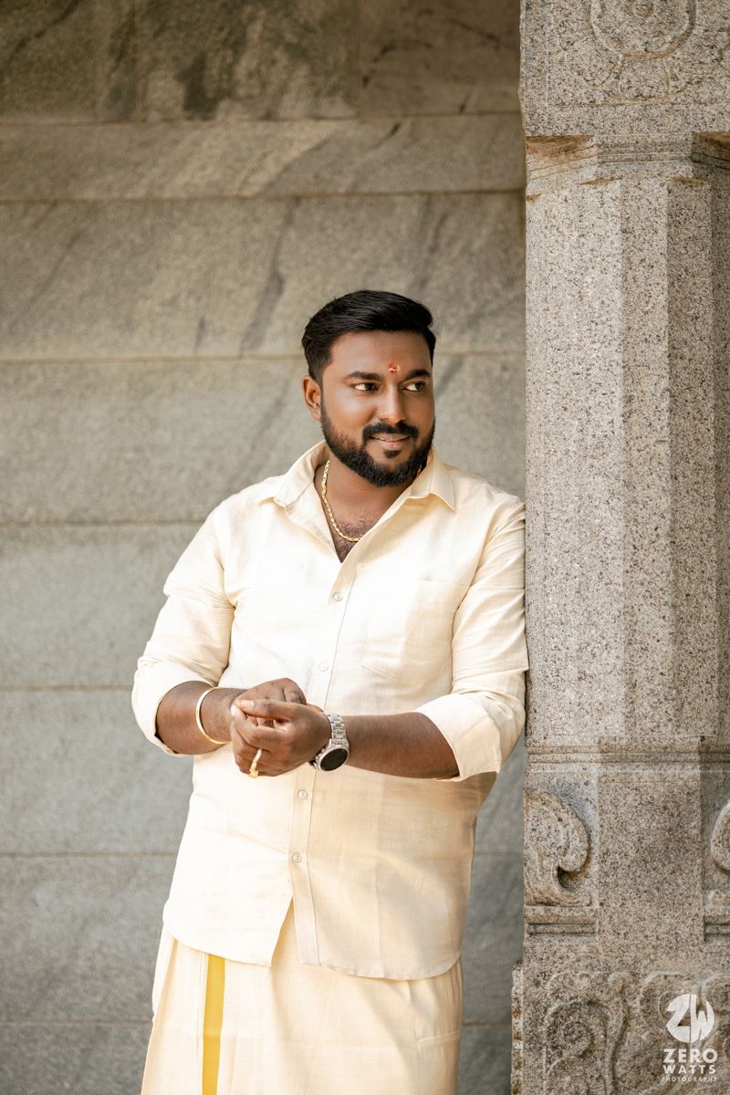 A person in a white traditional Indian outfit stands against a stone pillar backdrop in multiple poses.