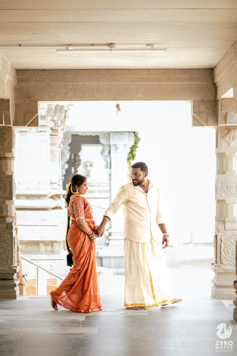 A sequence of dance movements captured in a bright indoor space with two figures in orange and white attire.