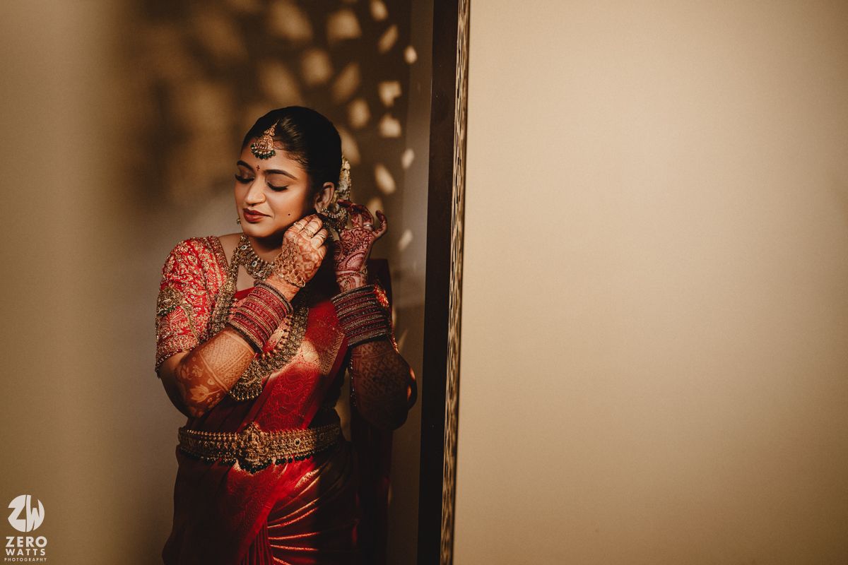 A collection of warm-toned portrait photographs showing someone in traditional South Asian attire with rich red and gold colors.